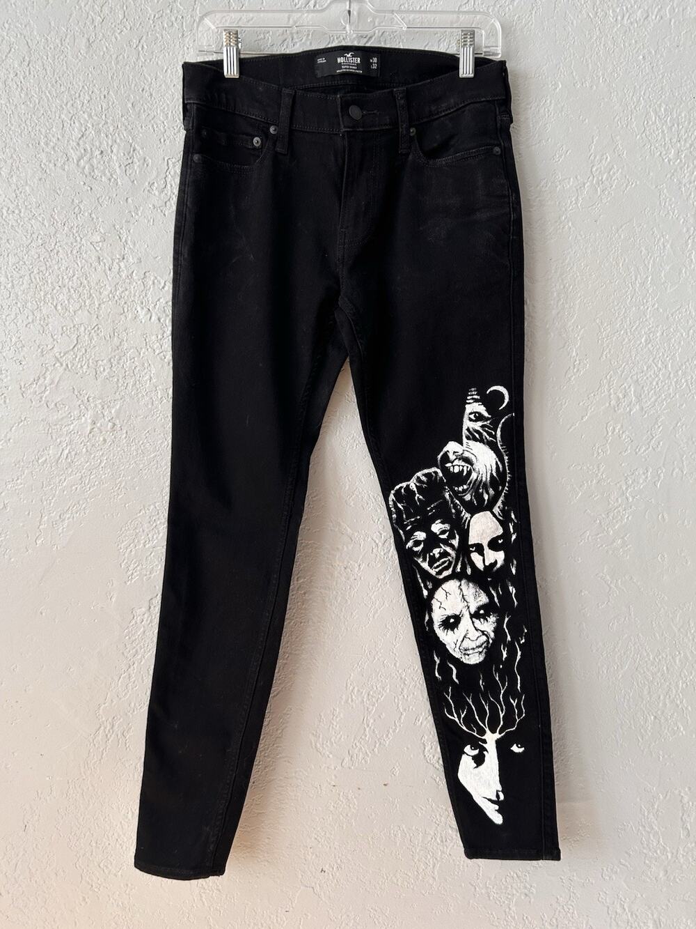 Mens 30x32 Custom Painted Horror Skinny Jeans Goth Punk Halloween OOAK Black